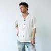 Camisa jacquard de color sólido retro estilo cubano, de manga corta para hombre, casual de verano, con cuello de solapa, moderna