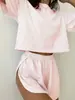 Amazon Transfronterizo Verano 2025 Conjunto de Dos Piezas Simple y Cómodo de Pantalones Cortos de Manga Corta Rayados con Cintura Elástica para Mujer