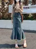Saia Jeans Feminina Rasgada Retrô 2024 Primavera Nova Cintura Alta Solta Emagrecedora Midi Cauda de Peixe Pequena