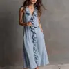 Em estoque Amazon transfronteiriço roupas femininas primavera-verão novo cor sólida sem mangas algodão-linho decote V bainha ampla babado vestido