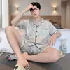 Pijama Masculino Verão Seda Gelada Conjunto de Shorts Manga Curta Masculino Verão 2026 Novo Roupa de Casa de Alta Qualidade