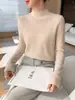 Suéter de mujer con patrón de espina de pescado y cuello semialto con exquisita textura jacquard, un top de punto versátil y elegante para el trabajo o para uso casual