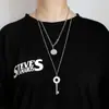 Cadena de suéter de acero de titanio hip hop de doble capa apilada, colgante de llave redonda con marca incrustada de diamantes, accesorios de personalidad femenina, todo a juego avanzado