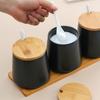 Juego de Tres Piezas de Tarro de Condimentos de Cerámica Creativa Tarro de Condimentos de Cocina Escandinava Juego de Caja de Condimentos con Tapa Cuchara Botella de Condimentos Tarro de Sal