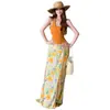 Meia-saia Floral Amarelo Dopamina, Estilo Coreano de Verão, Color Blocking Fresco, Cintura Alta, Emagrecedora, Saia Evasê com Amarração para Férias para Mulheres
