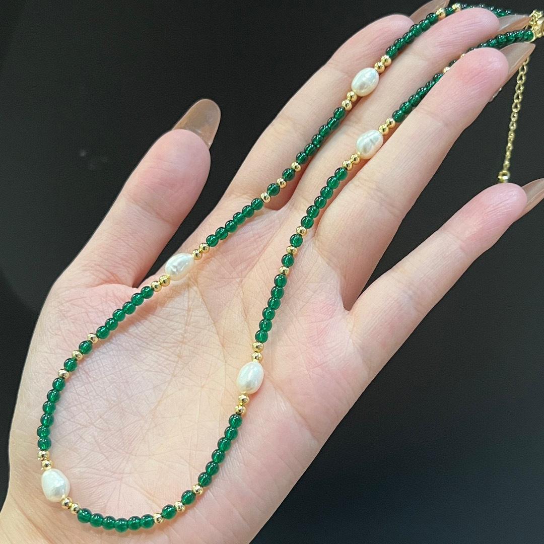 复古小众绿水晶天然淡水珍珠项链女轻奢简约气质圆珠锁