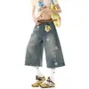Shorts jeans lavados com estampa de estrela estilo retrô americano para homens, calças cropped rasgadas desgastadas, calças largas casuais folgadas