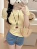Camiseta Corta con Mangas Abullonadas para Mujer, Sexy y Atractiva, para Verano, Top Versátil para Combinar con Almohadillas en el Pecho para Usar por Debajo y por Encima