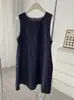 Nuevo Estilo de Verano~Vestido de Mezclilla Babydoll Azul Oscuro Lavado y Desgastado de Cuello Redondo sin Mangas de Corte A para Mujer