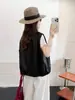 Chaleco de cuero sin mangas de alta gama a cuadros en bloques de color, cuello alto retro negro para mujer, chaqueta corta casual holgada de primavera 2026
