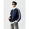 Moletom cardigã retrô listrado patchwork gola alta estilo americano, nova coleção de outono masculina, modelagem solta, estilo casual, esportivo e preppy