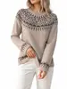 Suéter de tricô jacquard geométrico com gola redonda, estilo europeu e americano, para mulheres, outono e inverno, pulôver de tricô casual solto com manga raglan