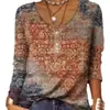 Outono e Inverno 2025 Europeu e Americano Transfronteiriço Amazon Wish Nova Exportação Camiseta Feminina de Manga Longa Estampada com Decote V Larga Solta para Mulheres