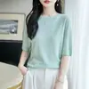 26 Verano Nuevo Mujer Fina Imitación Lana Cuello Redondo Delgado Patrón Ondulado Manga Corta Camiseta Versátil Moda Top Tejido