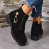 Botines de cremallera lateral estilo europeo y americano para mujer, botines de cuero británicos con cordones de gamuza y tacón grueso para mujer, talla grande para comercio transfronterizo, Botas Martin
