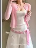 Pantalones de Moda con Lunares Rosa Dulce tipo Corbata con Accesorios de Cinturón y Cordón en la Cintura Bufanda de Accesorios para el Cuello de Nicho Atada a Mano