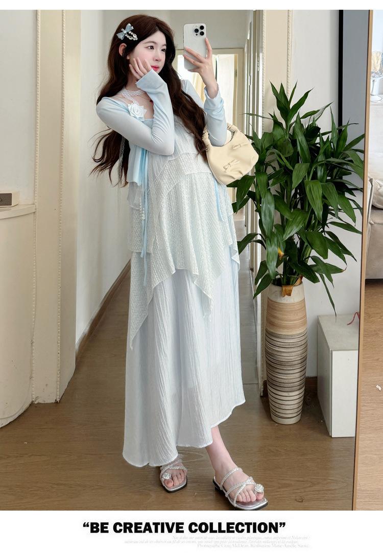 蕾丝拼接吊带连衣裙时尚披肩外套孕妇两件套