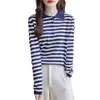 Suéter de tricô com gola polo de algodão listrado de manga comprida para mulheres, novo estilo de outono, caimento solto, emagrecedor, top com blocos de cor