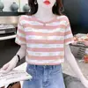 Camiseta de Manga Corta Rayada con Estampado de Letras 2024 para Mujer Verano Nuevo Estilo Coreano Versátil Cuello Redondo Holgada Popular Top Tendencia
