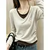 Camiseta de manga larga de algodón puro con cuello en V, diseño de dos piezas falsas, hombro normal, para mujer, moderna, elegante, entallada a la cintura, color albaricoque, top de otoño