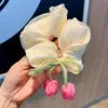 Goma para el pelo de estilo coreano con malla y perlas, con forma de tulipán suave, para un look elegante y femenino, adecuada para peinados de moño