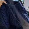 Engrossado! Suéter pullover de malha grossa com tranças, gola redonda, cor azul marinho, para mulheres, estilo casual de inverno, versão coreana, top de tricô de caimento solto