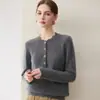 Invierno 2026 Nuevo Suéter de Punto Grueso de Cachemira de Siete Puntos con Encaje, Cuello Redondo, Medio Abierto, Manga Larga, Color Sólido para Mujer