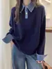 Suéter Feminino Outono Inverno 2026 Novo Tricô Moda Manga Jeans Patchwork Gola Solta Falso Duas Peças Top