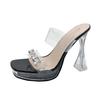 Zapatos de Tacón Show de Autos Tacón Grueso Sandalias de Pedrería Cristal Transparente Impermeable Plataforma Modelo Pasarela Zapatillas de Mujer