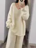 Suéter Europeo de Otoño e Invierno de Largo Medio con Cuello en V de Lana 100 Pura para Mujer, Suéter Holgado, Suave y Relajado, Camisa de Punto para Usar Debajo de la Ropa Exterior