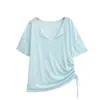 Camiseta Azul de Manga Corta Off-Shoulder para Mujer, Diseño Verano 2026, Suéter Irregular con Cinturón de Corbata, Top Adelgazante, Moderno