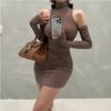 Moda Transfronteriza Europea y Americana Estilo Nuevo de Primavera Picante Sexy de Cuello Alto Pura Pasión Hombros Descubiertos Elegante Ceñido al Cuerpo Vestido