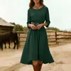 Nuevo vestido de algodón y lino de color liso, cuello redondo, manga larga, entallado a la cintura, estilo cruzado europeo y americano para mujer, longitud media, estilo casual de vacaciones, azul