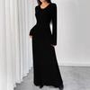 Amazon Exportación Transfronteriza Talla Grande Vestido de Rayas de Canalé Cepillado Otoño e Invierno Vestido Largo Moda y Elegante Vestido de Cuello en V Ropa para Mujer