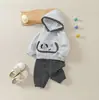 Conjunto com Capuz de Cachorrinho Infantil Primavera/Outono Meninos Cinza Hoodie + Calça Longa Listrada Conjunto de Duas Peças