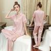 Pijama Sencillo Estilo Francés de Seda Helada para Mujer, Primavera y Verano, con Ribete de Encaje, Manga Corta, Pantalón Largo, Ropa de Casa de Seda, Adecuado para Usar Afuera en Verano
