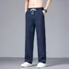 Novas calças casuais finas de verão em linho-tencel para homens, corte reto, cintura elástica, calças compridas elegantes e luxuosas de perna larga