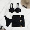 Bikini Sexy 2025 Comercio Exterior Traje de Baño para Mujer Tres Piezas Color Sólido Estrella de Mar Falda Corta Con Aros Push up Traje de Baño Europeo y Americano