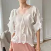 [Personalizada] Elegante Blusa de Gasa de Color Sólido con Cuello en V y Mangas Tres Cuartos para Mujer, con Diseño Fruncido