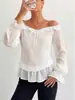 Novo top de chiffon ombro a ombro para comércio exterior europeu e americano com bainha franzida, acinturado, modelador, com cadarço, camiseta de manga sino