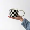 Caneca de Café QQins com Tinta Salpicada, Orelhas Grandes e Xadrez, para Casa, Café da Manhã, Suco de Leite