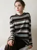 Suéter Clássico de Cashmere com Gola Redonda e Listras para Mulheres, Outono/Inverno, Manga Curta/Longa, Solto, Versátil, Suéter de Tricô, Camisa Base com Bloco de Cores