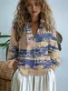 Fábrica de Origen 1688 Camisa de Mujer con Estampado de Flor de Ciruelo Vintage Holgada Cuello Solapa Blusa de Oficina Exclusiva para Venta Transfronteriza