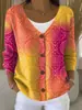 Moletom de Gola V Botonê Manga Longa Estilo Novo Transfronteiriço Outono e Inverno Estampado 3D Fashionável e Personalizado Jaqueta Suéter Solta para Mulheres