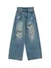 Jeans Rotos de Verano Nuevo Estilo Retro Americano para Mujer, Pantalones Rectos Anchos Finos Sueltos, Versión Lavada, Buen Ajuste