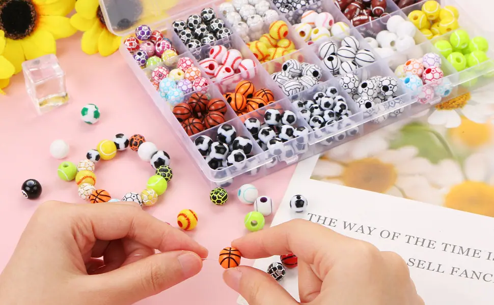 400 Pcs Sports Ball Beads for Jewelry Making, Acrylic Sports Beads Bulk with Box