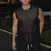 Chal de punto hueco de marca de moda estilo callejero americano para hombre, camiseta sin mangas de punto de seda genial, camiseta sin mangas de malla deportiva para fitness en negro