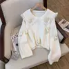 Novo Suéter de Tricô Soltinho com Gola de Renda Doce e Transparente com Aplique de Coelho Branco 3D para Mulheres - 2026