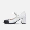Zapatos Mary Jane de Estilo Francés de una Sola Capa para Mujer Tacón Grueso Nuevo Estilo 2024 Combinación de Colores Blanco y Negro Moda Versátiles Zapatos de Tacón Pequeños de Cuero para Mujer