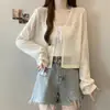 Chal ligero, cubierta hueca, chaqueta pequeña protectora del sol, prenda exterior con tiras de amarre, nuevo cárdigan de punto para mujer